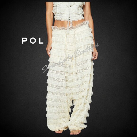 The Romantic Gypsy Soft Eyelet Lace Ruffles Tapered Wide Leg Oversized Pants - Picture 6 of 10